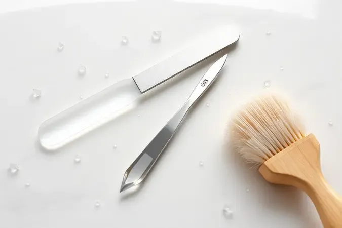 Render 3D de lixas e acessórios de manicure higienizados em composição limpa representando cuidados durante tratamento antifúngico.