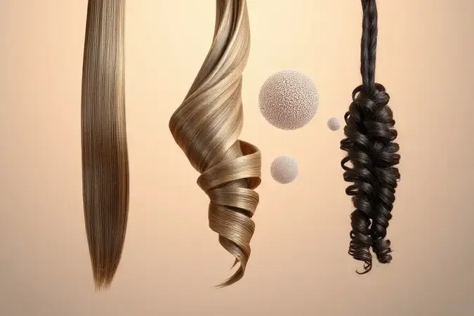Render 3D mostrando três tipos de texturas capilares suspensas representando cabelos lisos, ondulados e cacheados com iluminação profissional.