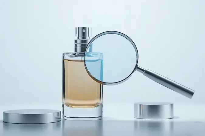 Lupa inspecionando frasco de perfume sem marca em render 3D para verificar autenticidade