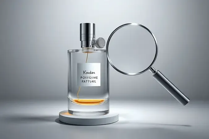 Renderização 3D conceitual sobre verificação de autenticidade de frascos de perfume com selo holográfico e detalhes de segurança.