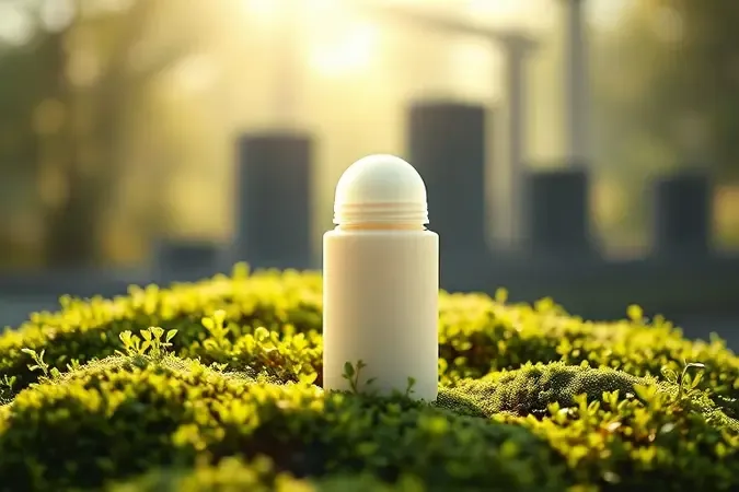 Render 3D conceitual de desodorante em creme ecológico sobre musgo com brotos verdes, contrastando com formas abstratas de poluição ao fundo.