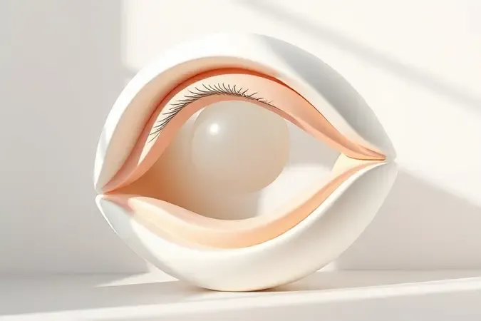 Representação 3D conceitual da pele fina e delicada do contorno dos olhos com camadas em tons suaves de pêssego.