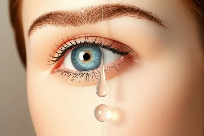 Composição 3D conceitual mostrando a diferença entre pele limpa e com resíduos de maquiagem na área dos olhos com gota de água purificante.
