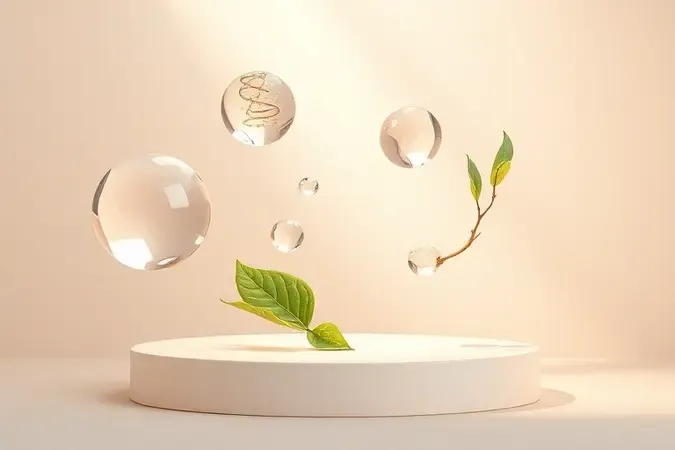 Ingredientes ativos para creme de estrias em composição 3D com esferas translúcidas e folhas botânicas