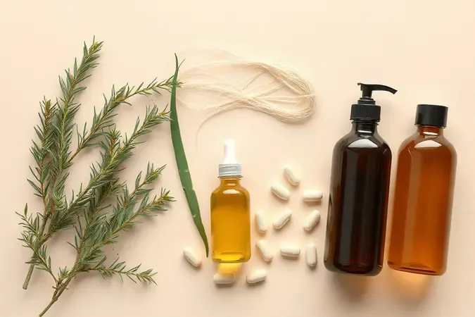 Ingredientes botânicos e frascos de shampoo conceitual para estimular o crescimento capilar
