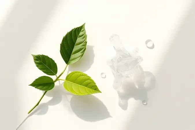 Composição 3D conceitual com elementos botânicos abstratos e estrutura molecular cristalina representando ingredientes de demaquilantes.
