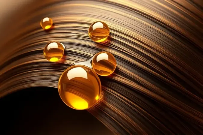 Renderização 3D de ingredientes nutritivos em gotas douradas envolvendo um fio de cabelo com cutículas perfeitamente seladas.