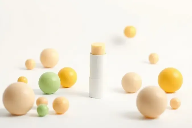 Render 3D conceitual de ingredientes naturais representados por formas abstratas ao redor de protetor labial