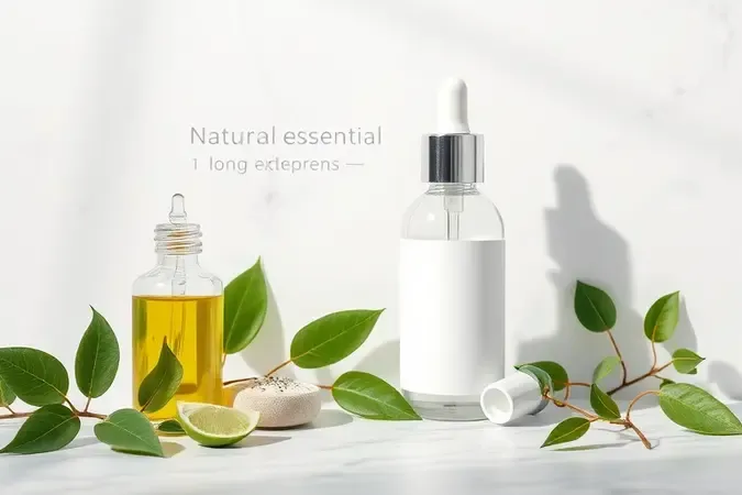 Ingredientes naturais de shampoo para cabelo liso com frasco minimalista, vidros conta-gotas e folhas sobre mármore.