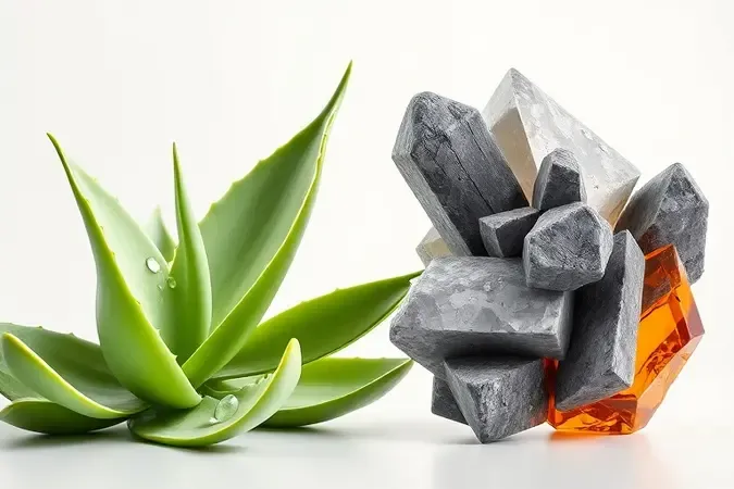 Composição 3D contrastante com formas botânicas suaves de um lado e texturas ásperas escuras do outro simbolizando ingredientes bons e ruins para pele oleosa.