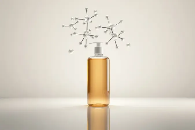 Renderização 3D de moléculas e frasco de shampoo masculino sem rótulo destacando ingredientes a evitar