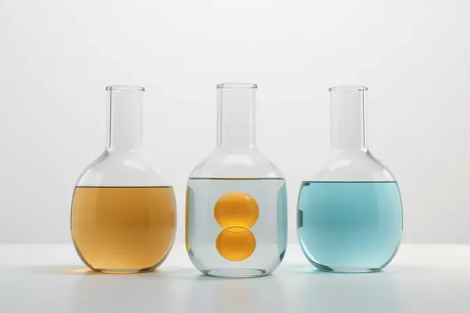 Renderização 3D de frascos de vidro vazios e esferas translúcidas representando ingredientes seguros em tintura hipoalergênica.