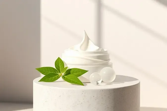 Composição 3D de ingredientes hidratantes como creme, gotas translúcidas e folha botânica em tons neutros.