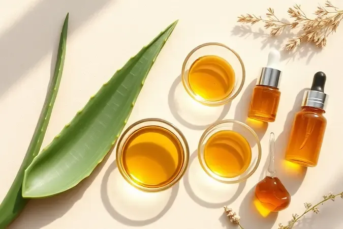 Ingredientes naturais de autobronzeador em renderização 3D conceitual com tons dourados e neutros.