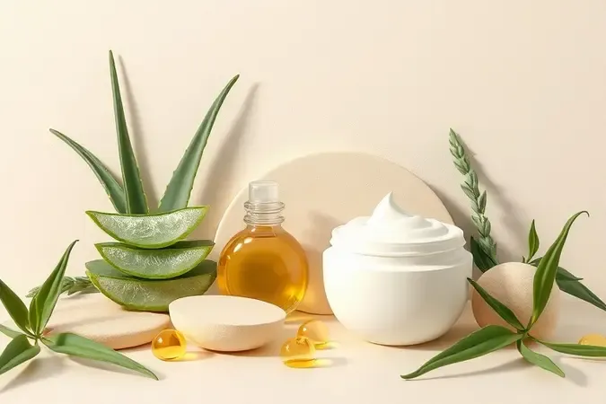Renderização 3D conceitual de ingredientes botânicos naturais como aloe vera e óleos ao lado de texturas cremosas para cabelos cacheados.