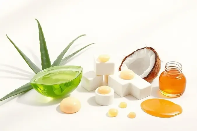 Composição 3D de ingredientes naturais para hidratação capilar como aloe vera, óleo de coco e manteiga de karité.