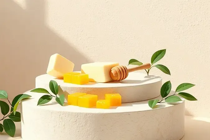 Ingredientes naturais como manteiga de karité e cera de abelha em composição 3D para reparação labial.
