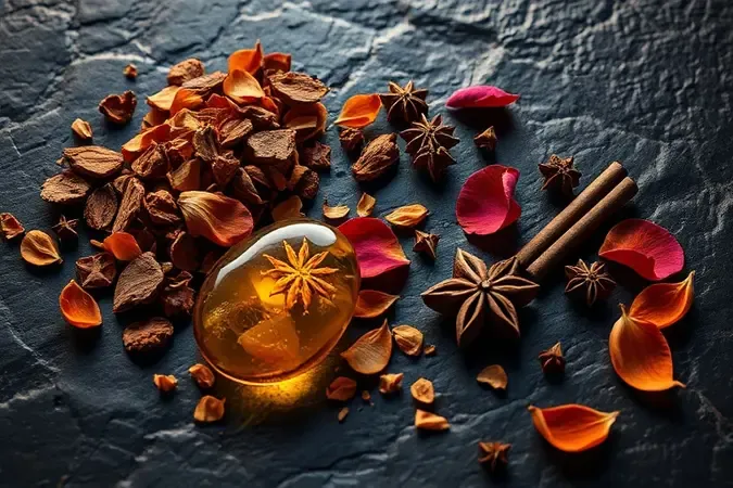 Ingredientes de perfume árabe como oud, âmbar e especiarias em renderização 3D conceitual