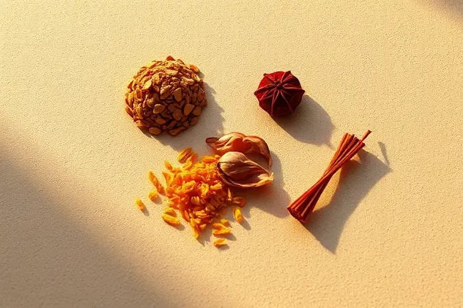 Render 3D conceitual de ingredientes naturais da perfumaria árabe como oud, pétalas de rosa, âmbar e açafrão sobre superfície neutra.