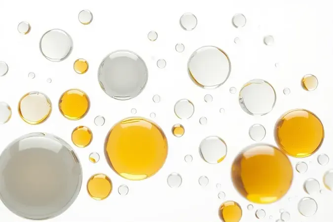 Render 3D conceitual de moléculas densas de óleo sendo separadas de partículas leves de água representando remoção de ingredientes pesados.