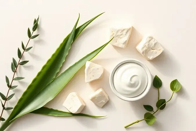 Ingredientes naturais como babosa e manteiga de karité ao lado de creme branco para cuidados na gestação.