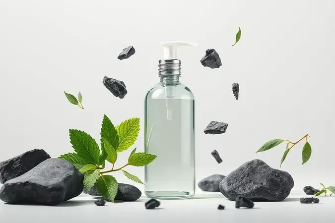 Renderização 3D de ingredientes naturais e frasco de shampoo masculino sem rótulo
