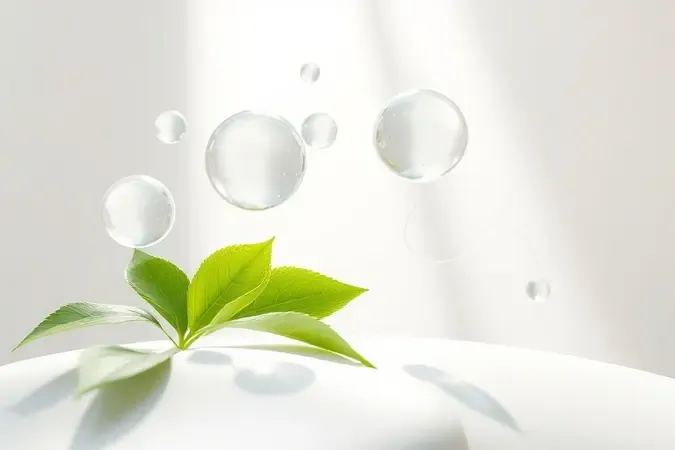 Estruturas moleculares abstratas e elementos botânicos flutuando em render 3D representando ingredientes do skincare coreano.
