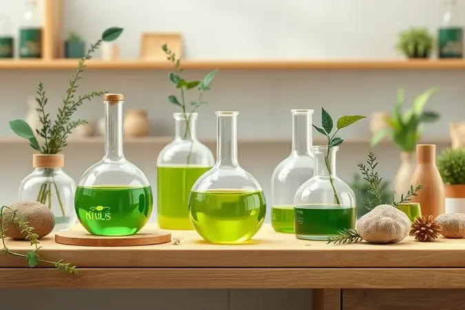 Render 3D de laboratório sustentável com frascos de destilação e extratos botânicos verdes em bancada de madeira.