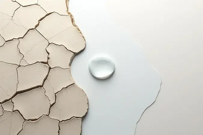 Conceito 3D de lábios ressecados representados por superfície rachada hidratando-se com gota de água.
