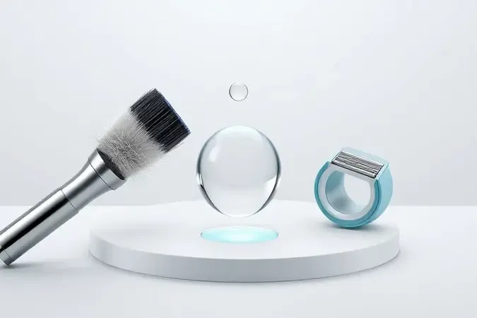 Renderização 3D conceitual de componentes de limpeza e manutenção para barbeador elétrico com pincel, gota de água e peças flutuantes.