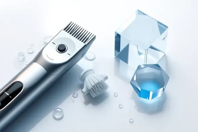 Renderização 3D de manutenção e limpeza de barbeador íntimo com gotas de água e escova sobre superfície limpa.