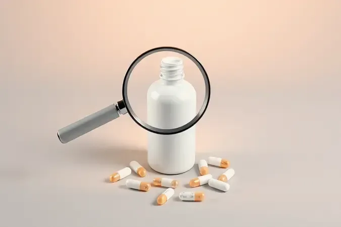 Render 3D conceitual de lupa sobre frasco cosmético sem rótulo com cápsulas de ingredientes e paleta neutra.