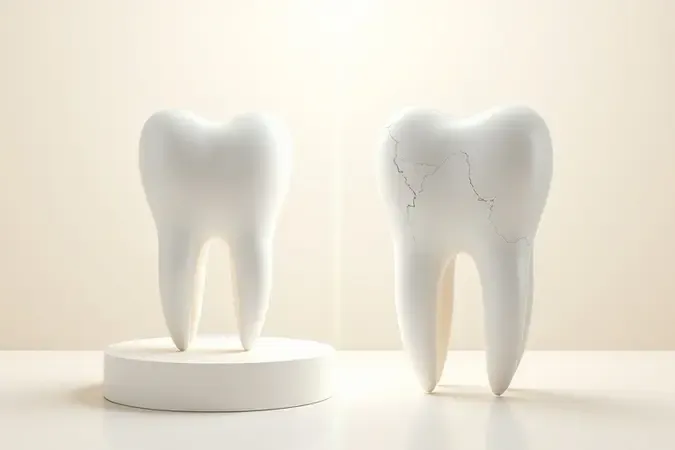 Render 3D conceitual comparando dente saudável com esmalte dental desgastado pelo hábito de roer unhas.