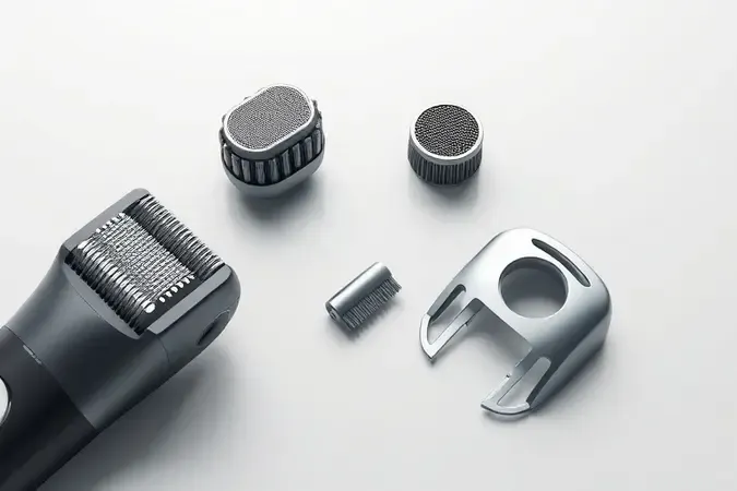 Render 3D de manutenção de barbeador elétrico com escova de limpeza e peças desmontadas