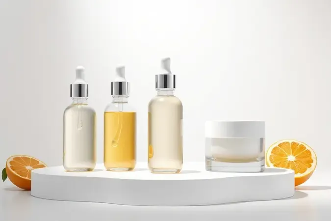 Render 3D de frascos de vidro minimalistas com diferentes texturas de sérum de vitamina C em superfície clara