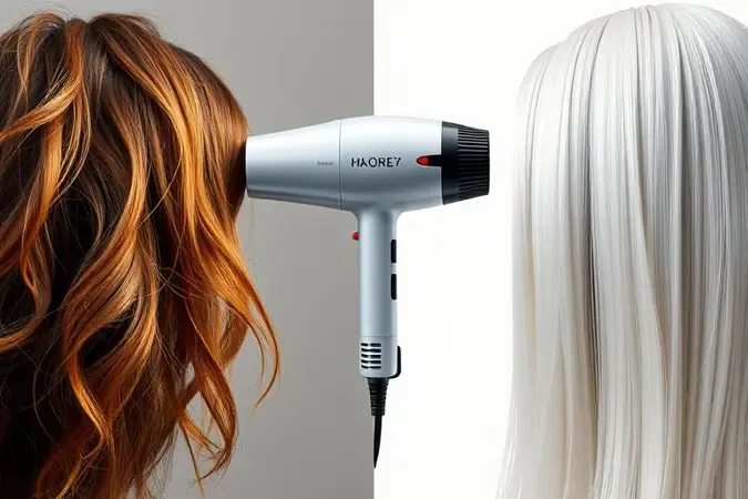 Render 3D comparativo entre cabelo com frizz à esquerda e cabelo liso e brilhante à direita com secador ao centro