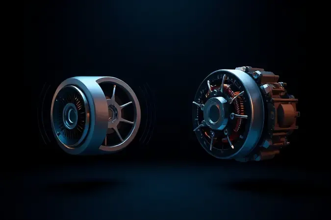 Render 3D comparativo entre motor brushless silencioso e motor tradicional com ondas sonoras abstratas em estúdio escuro.