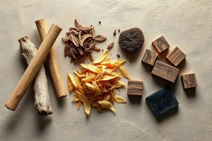 Render 3D de ingredientes naturais vetiver, sândalo, cedro e oud sobre superfície neutra.