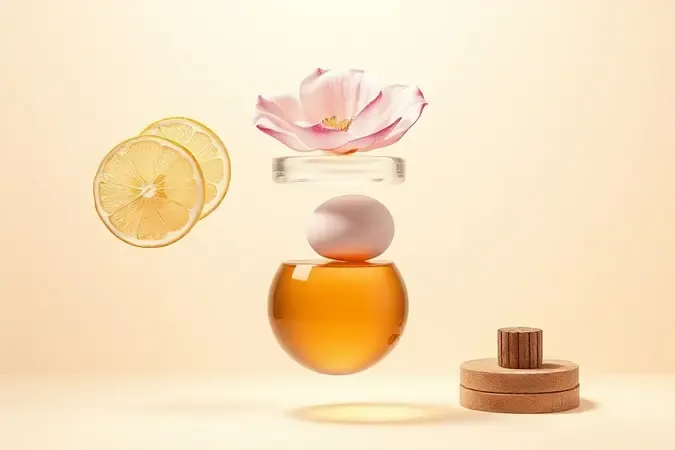 Ilustração 3D conceitual das camadas de notas olfativas de um perfume com elementos florais, cítricos e amadeirados.