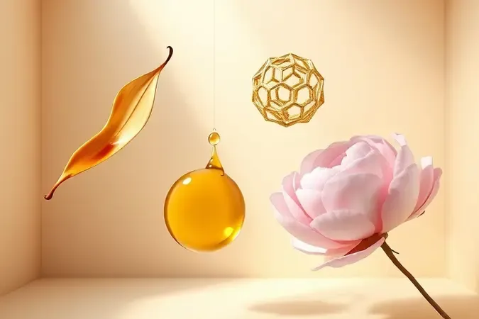 Renderização 3D conceitual de notas olfativas doces como baunilha, caramelo e mel representadas de forma abstrata e artística.