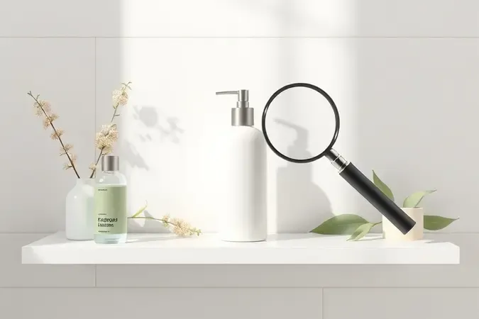 Cena conceitual de avaliação de shampoo para cabelo liso com frasco sem marca, lupa e elementos botânicos em banheiro minimalista.