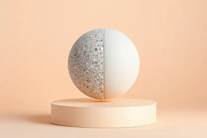 Render 3D de esfera metade granulada e metade lisa simbolizando esfoliação e renovação da pele
