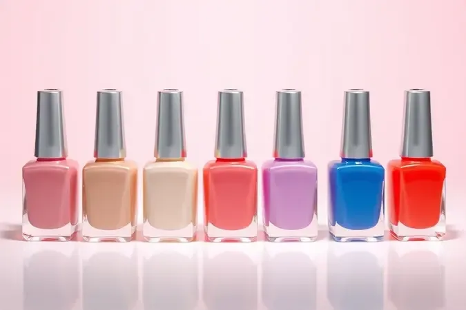 Composição conceitual com cartela de cores de esmaltes em gel variando de tons nude a vibrantes em renderização 3D.