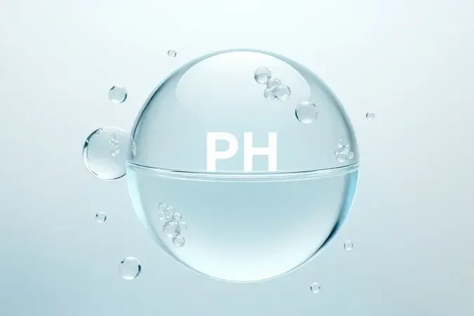 Render 3D abstrato de esferas de água e estruturas moleculares representando equilíbrio de pH na limpeza capilar