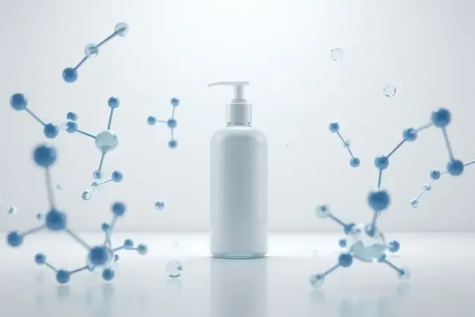 Render 3D conceitual de frasco de shampoo sem marca cercado por moléculas e fios de cabelo saudáveis em ambiente de laboratório minimalista