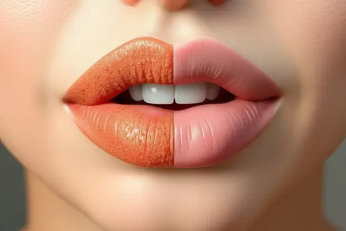 Render 3D conceitual mostrando a renovação dos lábios antes e depois da esfoliação suave.