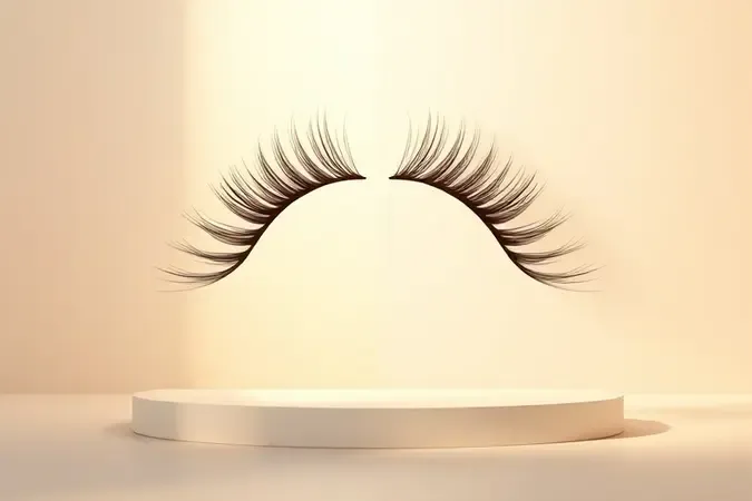 Ilustração 3D conceitual do efeito transformador da máscara de cílios com formas abstratas de cílios antes e depois.