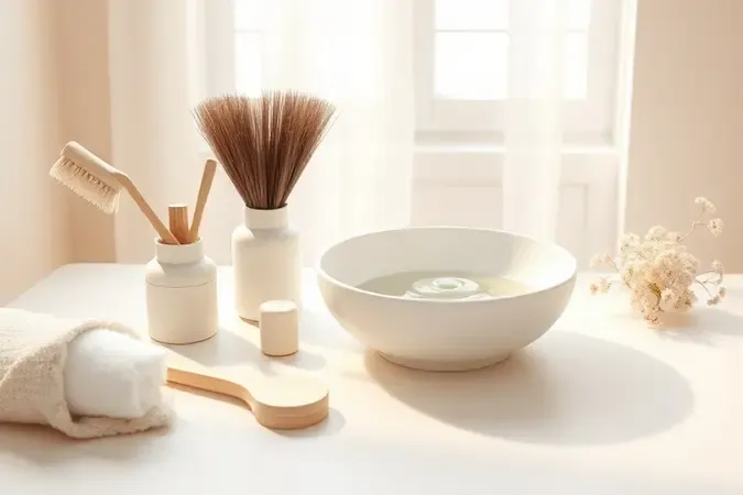 Composição 3D minimalista representando rotina de hidratação caseira para cabelos cacheados em ambiente sereno.