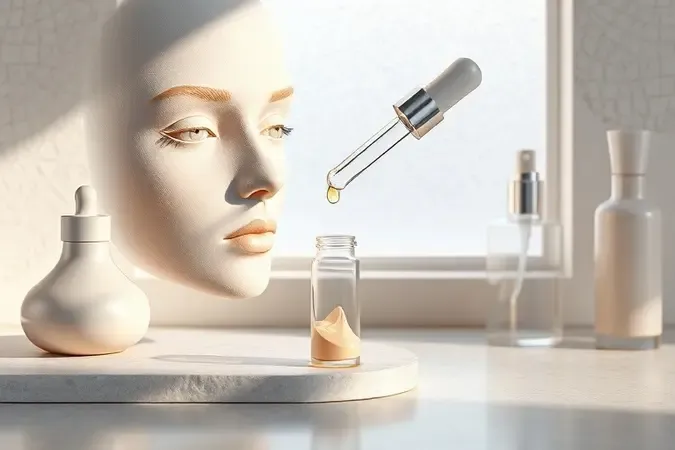 Textura de pele madura com amostra de base líquida em cena conceitual 3D minimalista.