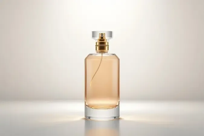 Render 3D conceitual de perfume com ondas de projeção e camadas de fixação